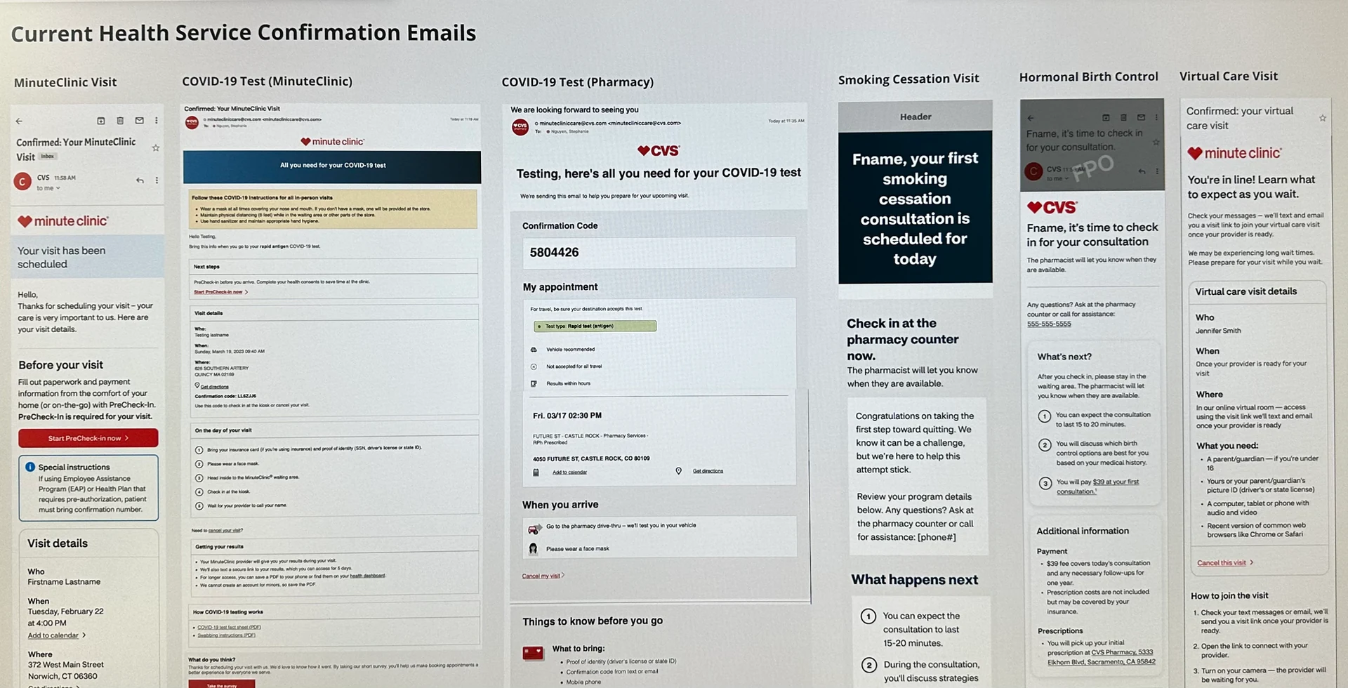 Current health service confirmation emails with different designs