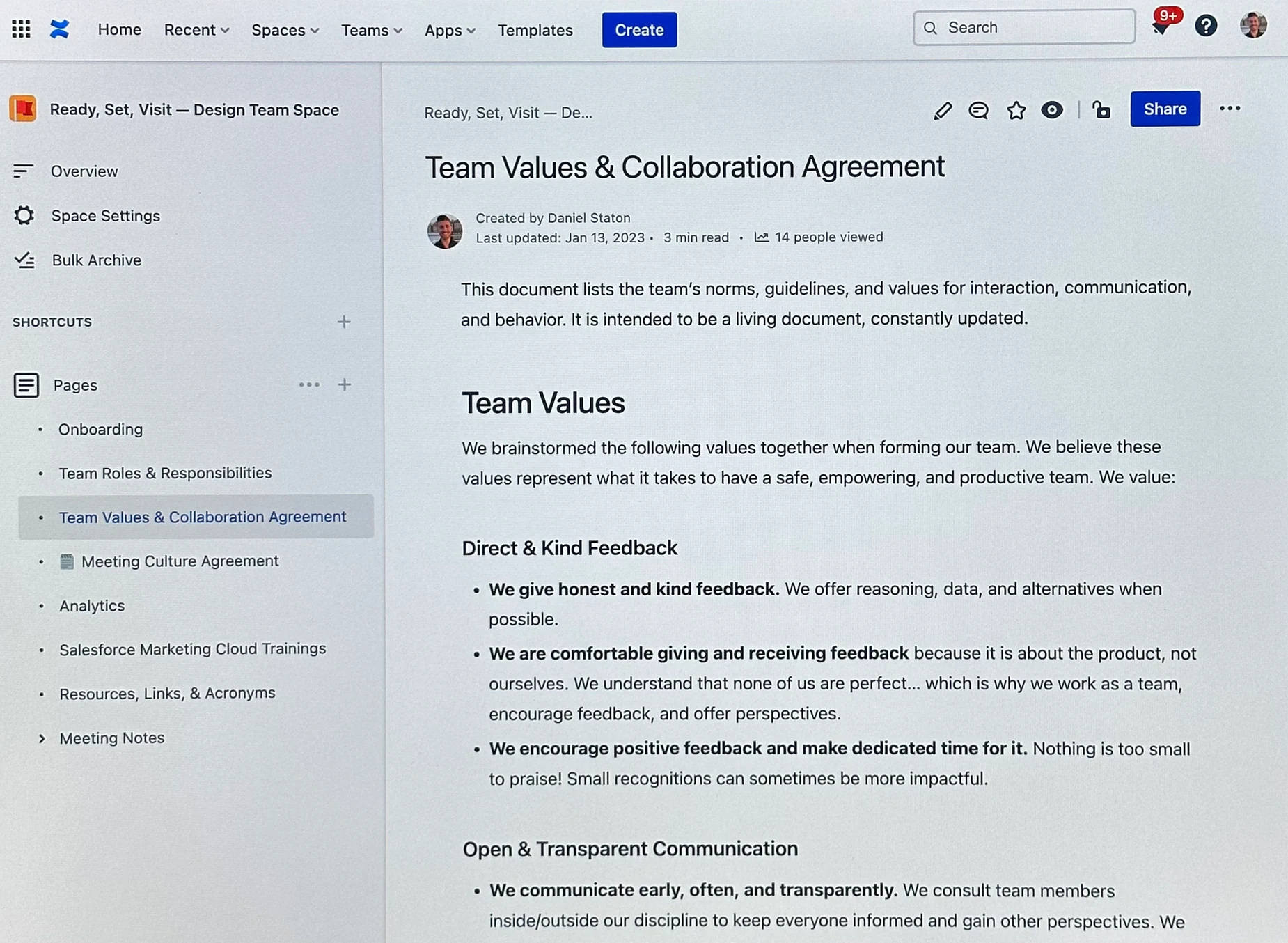Team values and collaboration agreement